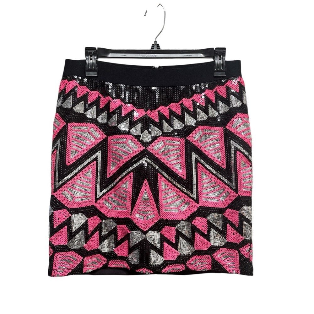 Bebe Sequin Mini Skirt Pink and Black Geometric Womens's Sz L